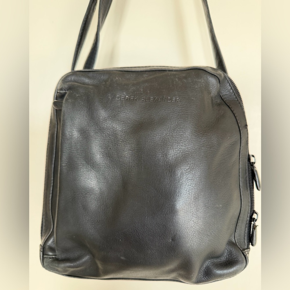 Derek Alexander Black Leather Organizer Crossbody Bag Multi Zip Travel Purse